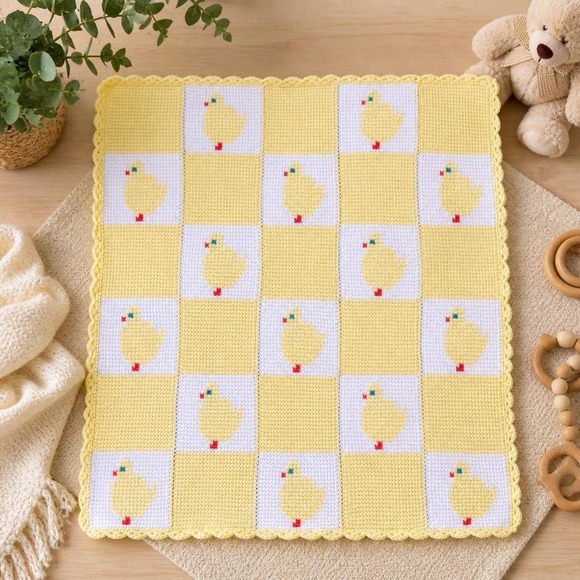 Handmade Other - Vintage Handmade Crochet Baby Duck Blanket Yellow White Checkered Chick